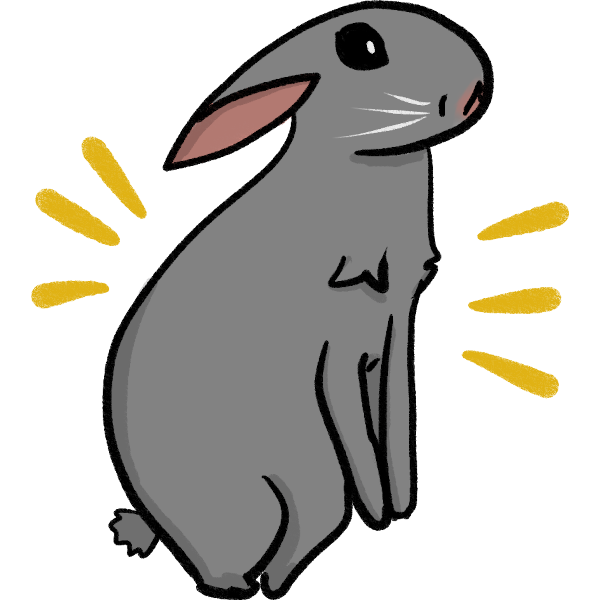 a cartoon style grey bunny standing on its hind legs with its ears pinned. There are three yellow lines on the left and right side.